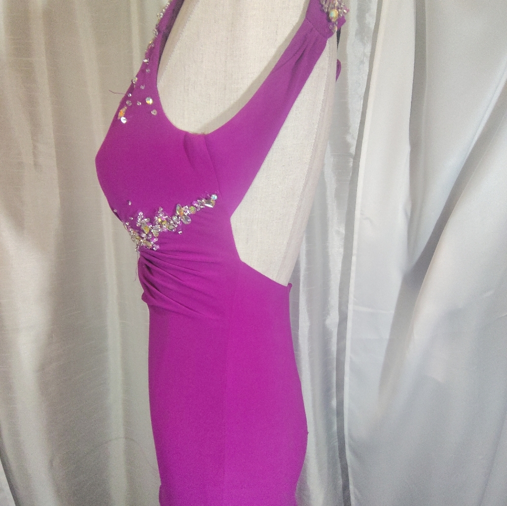 Cache Designer Sheath Dress,One Shoulder Purple, Jeweled Beads, Leg Slit, Long 0 - Picture 10 of 16